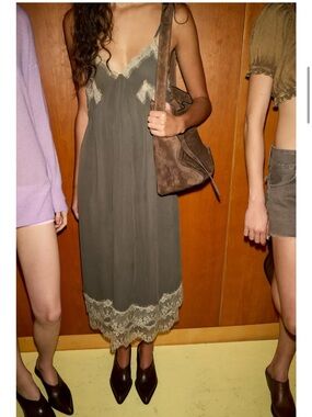 Lace-Trim Slip Dress in Olive Green